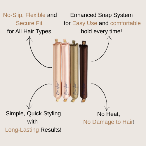 Four hair ties in different colors with text highlighting features on a beige background